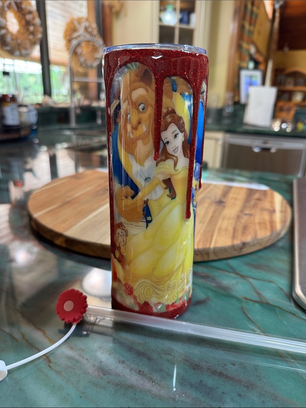Yellow  Beauty & Beast Princess Decorative Tumbler with Red Glitter Accent.
Nwt!